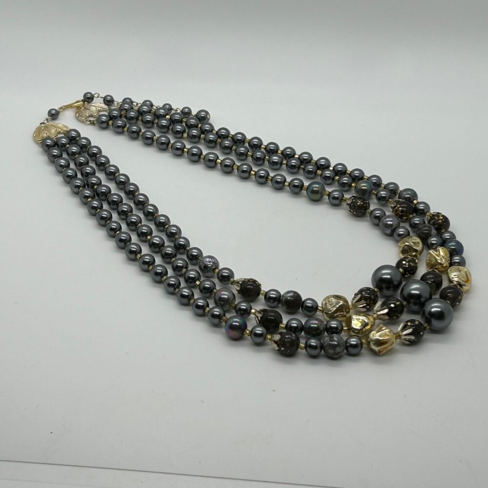 Vintage Three-Strand Gray Gold Iridescent Bead Faux & Pearls Prom Formal - Picture 13 of 16